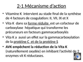2-1 Mécanisme d’action
• Vitamine K intervient au stade final de la synthèse
de 4 facteurs de coagulation: II, VII, IX et X
• Vita K dans sa forme réduite est un cofacteur de
carboxylase hépatique qui transforme les
précurseurs en facteurs gammacarboxylés
• Vita K a aussi un effet sur la gammacarboxylation
de la protéine C et de la protéine S
• AVK empêchent la réduction de la Vita K
(naturellement oxydée) en inhibant l’activité de 2
enzymes vit K réductases.
 