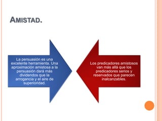 AMISTAD.



   La persuasión es una
excelente herramienta. Una   Los predicadores amistosos
aproximación amistosa a la      van más allá que los
   persuasión dará más          predicadores serios y
     dividendos que la        reservados que parecen
  arrogancia y el aire de          inalcanzables.
       superioridad.
 