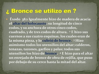  Éxodo 38:1 Igualmente hizo de madera de acacia
el altar del holocausto; su longitud de cinco
codos, y su anchura de otros cinco codos,
cuadrado, y de tres codos de altura. 2 E hizo sus
cuernos a sus cuatro esquinas, los cuales eran de
la misma pieza, y lo cubrió de bronce. 3 Hizo
asimismo todos los utensilios del altar; calderos,
tenazas, tazones, garfios y palas; todos sus
utensilios los hizo de bronce. 4 E hizo para el altar
un enrejado de bronce de obra de rejilla, que puso
por debajo de su cerco hasta la mitad del altar.
 