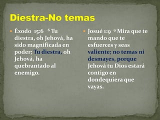  Éxodo 15:6 6 Tu
diestra, oh Jehová, ha
sido magnificada en
poder; Tu diestra, oh
Jehová, ha
quebrantado al
enemigo.
 Josué 1:9 9 Mira que te
mando que te
esfuerces y seas
valiente; no temas ni
desmayes, porque
Jehová tu Dios estará
contigo en
dondequiera que
vayas.
 