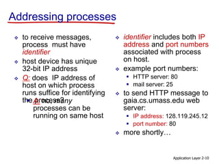 Application Layer 2-10
Addressing processes
 to receive messages,
process must have
identifier
 host device has unique
32-bit IP address
 Q: does IP address of
host on which process
runs suffice for identifying
the process?
 identifier includes both IP
address and port numbers
associated with process
on host.
 example port numbers:
 HTTP server: 80
 mail server: 25
 to send HTTP message to
gaia.cs.umass.edu web
server:
 IP address: 128.119.245.12
 port number: 80
 more shortly…
 A: no, many
processes can be
running on same host
 