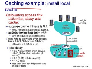 Application Layer 2-34
Caching example: install local
cache
Calculating access link
utilization, delay with
cache:
 suppose cache hit rate is 0.4
 40% requests satisfied at cache,
60% requests satisfied at origin
origin
servers
1.54 Mbps
access link
 access link utilization:
 60% of requests use access link
 data rate to browsers over access
link = 0.6*1.50 Mbps = .9 Mbps
 utilization = 0.9/1.54 = .58
 total delay
 = 0.6 * (delay from origin servers)
+0.4 * (delay when satisfied at
cache)
 = 0.6 (2.01) + 0.4 (~msecs)
 = ~ 1.2 secs
 less than with 154 Mbps link (and
cheaper too!)
public
Internet
institutional
network
1 Gbps LAN
local web
cache
 