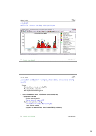 IBM Power Systems


4X - EOD
Additional cpu and memory, tuning changes




43                                                                         © 2012 IBM Corporation




IBM Power Systems


Application and System Tuning to achieve SLAs for quarterly pricing
update
     Results:
      – Increased number of cpu cores by 50%
      – Tuned application and system
      – 86% improvement in throughput

     Tuning changes made during Performance and Scalability Test
      – Application changes:
           Reduce date conversions
           Change random to sequential IO
      – System and application settings
           Tuned/reduced the number of concurrent jobs
           Tuned memory settings
           Apply PTF to take advantage of skip-locked-row sql processing




44                                                                         © 2012 IBM Corporation




                                                                                                    22
 
