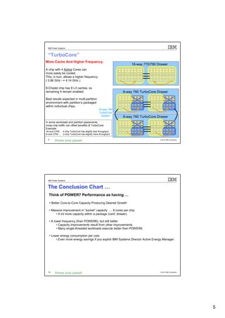 IBM Power Systems



  “TurboCore”
More Cache And Higher Frequency.
                                                                                             16-way 770/780 Drawer
A chip with 4 Active Cores can                                 Core    Core   Core   Core   Core   Core   Core   Core   Core    Core   Core   Core   Core   Core   Core   Core


more easily be cooled.                                           L2    L2    L2    L2    L2    L2    L2    L2
                                                               256KB 256KB 256KB 256KB 256KB 256KB 256KB 256KB
                                                                                                                          L2    L2    L2    L2    L2    L2    L2    L2
                                                                                                                        256KB 256KB 256KB 256KB 256KB 256KB 256KB 256KB

This, in turn, allows a higher frequency.                       L3      L3     L3     L3     L3     L3     L3     L3     L3      L3     L3     L3     L3     L3     L3     L3
                                                               4MB     4MB    4MB    4MB    4MB    4MB    4MB    4MB    4MB     4MB    4MB    4MB    4MB    4MB    4MB    4MB

( 3.86 GHz       4.14 GHz )

8-Chiplet chip has 8 L3 caches, so
remaining 4 remain enabled.                                              8-way 780 TurboCore Drawer

Best results expected in multi-partition                        Core   Core   Core   Core   Core   Core   Core   Core    Core   Core   Core   Core   Core   Core   Core   Core


                                                                 L2    L2    L2    L2    L2    L2    L2    L2             L2    L2    L2    L2    L2    L2    L2    L2
environment with partition’s packaged                          256KB 256KB 256KB 256KB 256KB 256KB 256KB 256KB          256KB 256KB 256KB 256KB 256KB 256KB 256KB 256KB



within individual chips.                                         L3
                                                                4MB
                                                                        L3
                                                                       4MB
                                                                               L3
                                                                              4MB
                                                                                      L3
                                                                                     4MB
                                                                                             L3
                                                                                            4MB
                                                                                                    L3
                                                                                                   4MB
                                                                                                           L3
                                                                                                          4MB
                                                                                                                  L3
                                                                                                                 4MB
                                                                                                                          L3
                                                                                                                         4MB
                                                                                                                                 L3
                                                                                                                                4MB
                                                                                                                                        L3
                                                                                                                                       4MB
                                                                                                                                               L3
                                                                                                                                              4MB
                                                                                                                                                      L3
                                                                                                                                                     4MB
                                                                                                                                                             L3
                                                                                                                                                            4MB
                                                                                                                                                                    L3
                                                                                                                                                                   4MB
                                                                                                                                                                           L3
                                                                                                                                                                          4MB


                                                 16-way 780
                                                 TurboCore
                                                   System                8-way 780 TurboCore Drawer
In some workloads and partition placements,                     Core   Core   Core   Core   Core   Core   Core   Core    Core   Core   Core   Core   Core   Core   Core   Core


cross-chip traffic can offset benefits of TurboCore.             L2    L2    L2    L2    L2    L2    L2    L2             L2    L2    L2    L2    L2    L2    L2    L2
                                                               256KB 256KB 256KB 256KB 256KB 256KB 256KB 256KB          256KB 256KB 256KB 256KB 256KB 256KB 256KB 256KB
Example:
                                                                 L3     L3     L3     L3     L3     L3     L3      L3     L3     L3     L3     L3     L3     L3     L3      L3
16-core CPW … 4-chip TurboCore has slightly less throughput.    4MB    4MB    4MB    4MB    4MB    4MB    4MB     4MB    4MB    4MB    4MB    4MB    4MB    4MB    4MB     4MB


8-core CPW … 2-chip TurboCore has slightly more throughput.

  9                                                                                                                                            © 2012 IBM Corporation




  IBM Power Systems


 The Conclusion Chart …
  Think of POWER7 Performance as having …

   • Better Core-to-Core Capacity Producing Desired Growth

   • Massive improvement in “socket” capacity …. 8 cores per chip
       • A lot more capacity within a package (card, drawer).

   • A lower frequency (than POWER6), but still better
         • Capacity improvements result from other improvements
         • Many single-threaded workloads execute better than POWER6.

   • Lower energy consumption per core
        • Even more energy savings if you exploit IBM Systems Director Active Energy Manager.




  10                                                                                                                                           © 2012 IBM Corporation




                                                                                                                                                                                 5
 