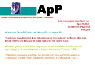 ApP
“DÍGAME Y OLVIDO, MUÉSTREME Y RECUERDO. INVOLÚCREME Y COMPRENDO


                                                     Los principales beneficios del
                                                                       aprendizaje
                                                              basado en proyectos
                                                                           incluyen
     •Aumentar las habilidades sociales y de comunicación.

     •Aumentar la autoestima. Los estudiantes se enorgullecen de lograr algo que
     tenga valor fuera del aula de clase (Jobs for the future, n.d.).

     •Permitir que los estudiantes hagan uso de sus fortalezas individuales de
     aprendizaje y de sus diferentes enfoques hacia este (Thomas, 1998).

     •Posibilitar una forma práctica, del mundo real, para aprender a usar la
     Tecnología. (Kadel, 1999; Moursund, Bielefeldt, & Underwood, 1997).
 