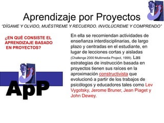 Aprendizaje por Proyectos
“DÍGAME Y OLVIDO, MUÉSTREME Y RECUERDO. INVOLÚCREME Y COMPRENDO”

 ¿EN QUÉ CONSISTE EL
                           En ella se recomiendan actividades de
 APRENDIZAJE BASADO        enseñanza interdisciplinarias, de largo
 EN PROYECTOS?             plazo y centradas en el estudiante, en
                           lugar de lecciones cortas y aisladas
                           (Challenge 2000 Multimedia Project, 1999). Las
                           estrategias de instrucción basada en
                           proyectos tienen sus raíces en la
                           aproximación constructivista que



 ApP
                           evolucionó a partir de los trabajos de
                           psicólogos y educadores tales como Lev
                           Vygotsky, Jerome Bruner, Jean Piaget y
                           John Dewey.
 