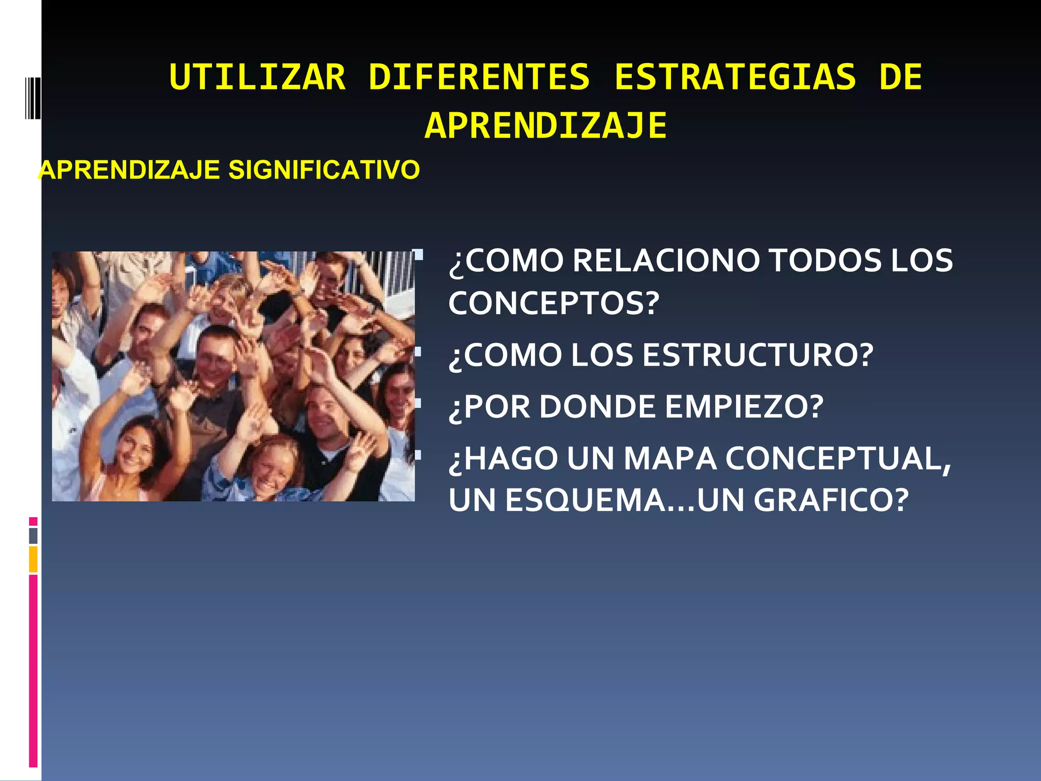 UTILIZAR DIFERENTES ESTRATEGIAS DE APRENDIZAJE ¿ COMO RELACIONO TODOS LOS CONCEPTOS? ¿COMO LOS ESTRUCTURO? ¿POR DONDE EMPIEZO? ¿HAGO UN MAPA CONCEPTUAL, UN ESQUEMA…UN GRAFICO? APRENDIZAJE SIGNIFICATIVO 