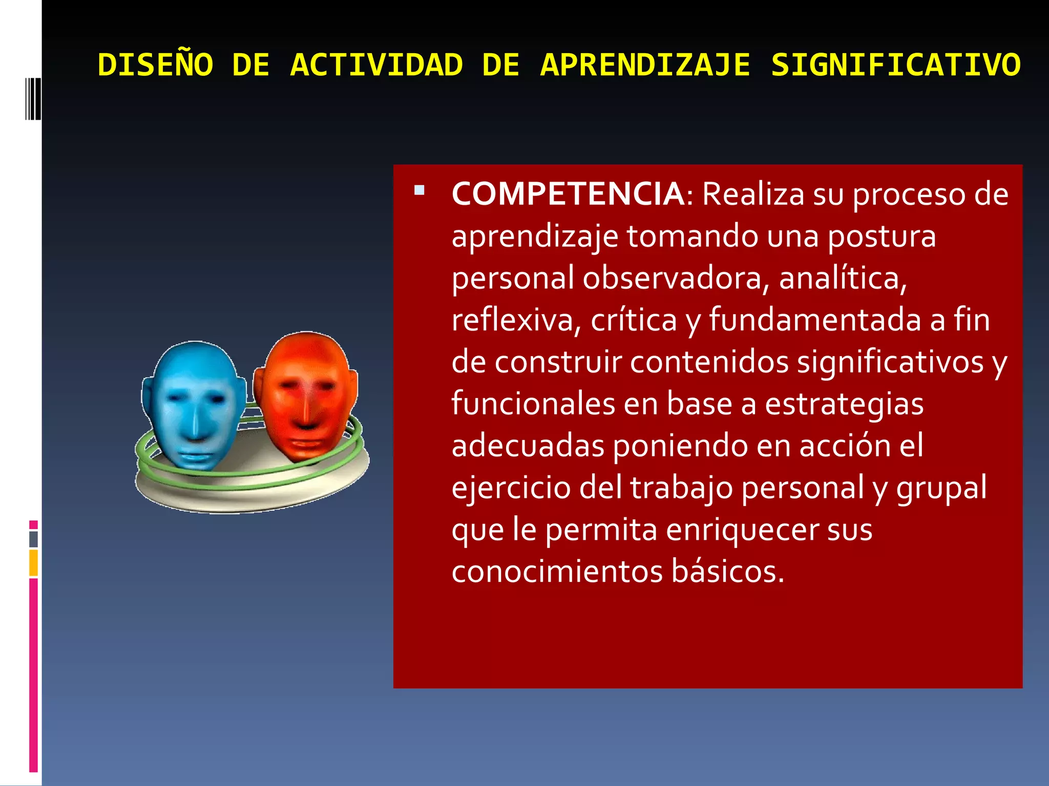 DISEÑO DE ACTIVIDAD DE APRENDIZAJE SIGNIFICATIVO COMPETENCIA : Realiza su proceso de aprendizaje tomando una postura personal observadora, analítica, reflexiva, crítica y fundamentada a fin de construir contenidos significativos y funcionales en base a estrategias adecuadas poniendo en acción el ejercicio del trabajo personal y grupal que le permita enriquecer sus conocimientos básicos. 