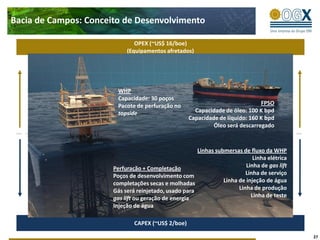 Bacia de Campos: Conceito de Desenvolvimento

                               OPEX (~US$ 16/boe)
                            (Equipamentos afretados)




                        WHP
                        Capacidade: 30 poços
                        Pacote de perfuração no                                FPSO
                        topside                       Capacidade de óleo: 100 K bpd
                                                    Capacidade de líquido: 160 K bpd
                                                             Óleo será descarregado



                                                       Linhas submersas de fluxo da WHP
                                                                             Linha elétrica
                       Perfuração + Completação                           Linha de gas lift
                       Poços de desenvolvimento com                       Linha de serviço
                       completações secas e molhadas             Linha de injeção de água
                       Gás será reinjetado, usado para                 Linha de produção
                       gas lift ou geração de energia                       Linha de teste
                       Injeção de água

                               CAPEX (~US$ 2/boe)

                                                                                              27
 