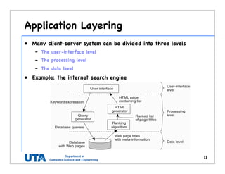 Application Layering
• Many client-server system can be divided into three levels
– The user-interface level
– The processing level
– The data level
• Example: the internet search engine
11
 