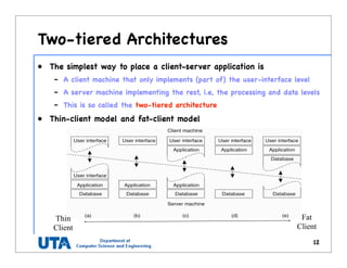 Two-tiered Architectures
• The simplest way to place a client-server application is
– A client machine that only implements (part of) the user-interface level
– A server machine implementing the rest, i.e, the processing and data levels
– This is so called the two-tiered architecture
• Thin-client model and fat-client model
12
Thin
Client
Fat
Client
 