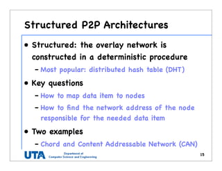 Structured P2P Architectures
• Structured: the overlay network is
constructed in a deterministic procedure
– Most popular: distributed hash table (DHT)
• Key questions
– How to map data item to nodes
– How to ﬁnd the network address of the node
responsible for the needed data item
• Two examples
– Chord and Content Addressable Network (CAN)
15
 