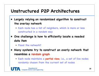 Unstructured P2P Architectures
• Largely relying on randomized algorithm to construct
the overlay network
– Each node has a list of neighbors, which is more or less
constructed in a random way
• One challenge is how to efﬁciently locate a needed
data item
– Flood the network?
• Many systems try to construct an overly network that
resembles a random graph
– Each node maintains a partial view, i.e., a set of live nodes
randomly chosen from the current set of nodes
19
 