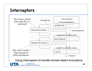 Interceptors
Using interceptors to handle remote-object invocations
38
May want to send to
many other B’s (i.e.
replicated)
May want to break a
large message for
better performance
 