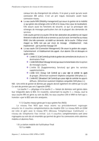 Planification et Ingénierie des réseaux de télécommunications


               canaux lors du changement de cellules. Il ne peut y avoir qu’une seule
               connexion RR active. C’est un pré requis nécessaire avant toute
               connexion réseau.
               La sous couche MM (Mobility management) qui assure la gestion de la mobilité
               ce qui génère des échanges entre la MS et le réseau mise à jour de localisation).
               Elle assure aussi les fonctions de sécurité, ce qui va provoquer des
               échanges de messages particuliers lors de la plupart des demandes de
               services.
              Cette couche permet à la couche CM de faire abstraction des problèmes de l’aspect
              itinérant et radio de la MS et de se ramener au cas d’un accès terminal fixe au réseau
              RNIS. Une telle connexion est établit sur demande del la couche CM(sur envoi
              d’appel ou SMS) non pas par envoi de message d’établissement mais
              implicitement par le premier message CM
               La sous couche CM (Connection Management). Elle assure la gestion des usagers,
               l’acheminement et l’établissement des appels d’un abonné. Elle est découpée en
               quatre entités :
                       L'entité CC (Call Control) qui traite la gestion des connections de circuit avec le
                       destinataire final.
                       L'entité SMS (Short Message Service) qui assure la transmission et la réception
                       de messages courts.
                       L'entité SS (Supplementary Services) qui gère les services
                       supplémentaires.
                       L'entité GCC (Group Call Control) qui a pour objet de contrôler les appels
                       de groupes. (Attention seulement téléphone compatible SIM phase 2+)
                       L'entité BCC (Broadcast Call Control) qui a pour objet de contrôler les appels
                       diffusés. (Attention seulement téléphone compatible SIM phase 2+)
NB : Une entité de gestion de données par paquets devrait également être définie par la suite
Ce sont des premiers pas vers l'approche GPRS.
       La couche 1 — physique et la couche 2 — liaison de données sont gérées dans
leur intégralité dans le BSS. En revanche, concernant la couche 3 — réseau, seul la
sous couche RR est gérée au sein du BSS, les sous couches CM et MM ne font que «
transiter » par le BSS sans être analysées.

        1.7.2 Couches réseaux gérées par le sous système fixe (NSS)
     Le réseau fixe NSS que nous avons vu précédemment regroupe
ensuite les 4 couches complémentaires du modèle OSI. Le réseau NSS en GSM
est relie et géré avec le réseau RTC (Réseau Téléphonique Commuté) —
réseau de téléphonie fixe initial. Les 4 couches complémentaires sont ainsi
regroupées au sein de cet ensemble qui permet de gérer les connexions entre abonnes
mobiles et abonnes fixes.

       1.8 La station mobile de l'utilisateur final
          1.8.1 Le mobile


Séquence 2 : Architecture GSM, GPRS et UMTS                                                           10
 