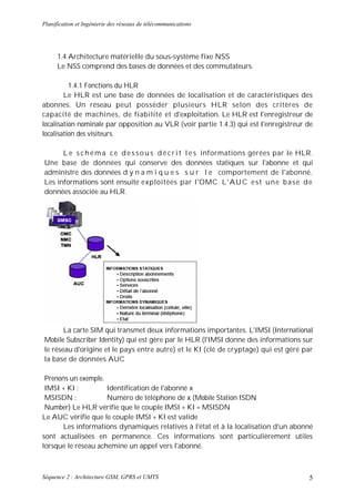 Planification et Ingénierie des réseaux de télécommunications




      1.4 Architecture matérielle du sous-système fixe NSS
      Le NSS comprend des bases de données et des commutateurs.

          1.4.1 Fonctions du HLR
        Le HLR est une base de données de localisation et de caractéristiques des
abonnes. Un réseau peut posséder plusieurs HLR selon des critères de
capacité de machines, de fiabilité et d'exploitation. Le HLR est I'enregistreur de
localisation nominale par opposition au VLR (voir partie 1.4.3) qui est I'enregistreur de
localisation des visiteurs.

      L e s c h é m a c e d e s s o u s d é c r i t l e s informations gérées par le HLR.
Une base de données qui conserve des données statiques sur l'abonne et qui
administre des données d y n a m i q u e s s u r l e comportement de l'abonné.
Les informations sont ensuite exploitées par l'OMC. L ' A U C e s t u n e b a s e d e
données associée au HLR.




       La carte SIM qui transmet deux informations importantes. L'IMSI (International
Mobile Subscriber Identity) qui est gère par le HLR (l'IMSI donne des informations sur
le réseau d'origine et le pays entre autre) et le KI (clé de cryptage) qui est géré par
la base de données AUC

 Prenons un exemple.
 IMSI + KI :         Identification de l'abonné x
 MSISDN :            Numéro de téléphone de x (Mobile Station ISDN
 Number) Le HLR vérifie que le couple IMSI + KI = MSISDN
Le AUC vérifie que le couple IMSI + KI est valide
      Les informations dynamiques relatives à l'état et à la localisation d'un abonné
sont actualisées en permanence. Ces informations sont particulièrement utiles
lorsque le réseau achemine un appel vers l'abonné.



Séquence 2 : Architecture GSM, GPRS et UMTS                                            5
 