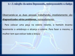 Observando-se as duas pessoas trabalhando, imediatamente são
diagnosticados vários problemas, nomeadamente:
- Para colocar uma peça na esteira rolante, o homem levanta
levemente o antebraço e alcança a esteira. Para fazer o mesmo, a
mulher tem que esticar todo o braço;
 