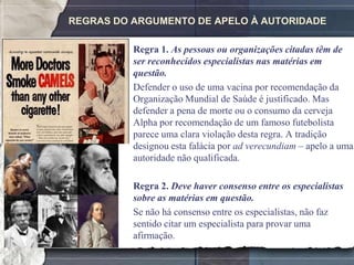 REGRAS DO ARGUMENTO DE APELO À AUTORIDADE

          Regra 1. As pessoas ou organizações citadas têm de
          ser reconhecidos especialistas nas matérias em
          questão.
          Defender o uso de uma vacina por recomendação da
          Organização Mundial de Saúde é justificado. Mas
          defender a pena de morte ou o consumo da cerveja
          Alpha por recomendação de um famoso futebolista
          parece uma clara violação desta regra. A tradição
          designou esta falácia por ad verecundiam – apelo a uma
          autoridade não qualificada.

          Regra 2. Deve haver consenso entre os especialistas
          sobre as matérias em questão.
          Se não há consenso entre os especialistas, não faz
          sentido citar um especialista para provar uma
          afirmação.
 