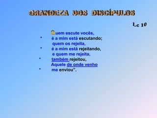 Recebam sobre os ombros o meu jugo                   *    e  comigo aprenderão,                        porque sou manso                   *    e humilde de coração.                   *    Só assim vocês alívio,                   *    para as suas vidas vão encontrar,                        porque o meu jugo é suave                        e o meu peso, leve para suportar”.                            ========================Obs.:  *    Por esse tempo, Jesus exclamou:                  *  “Eu vos bendigo, ó Pai, Senhor do céu e da terra.                  *    vós as revelastes à gente simples.                  *    porque foi do vosso agrado fazer isto.                  *    e ninguém conhece o Filho senão o Pai,