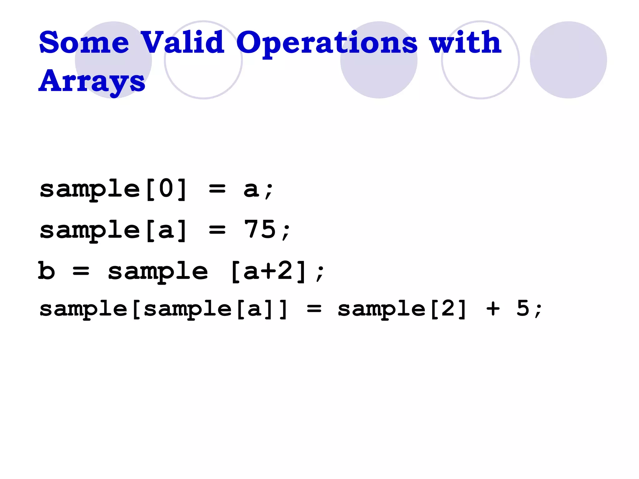 Some Valid Operations with Arrays sample[0] = a; sample[a] = 75; b = sample [a+2]; sample[sample[a]] = sample[2] + 5; 