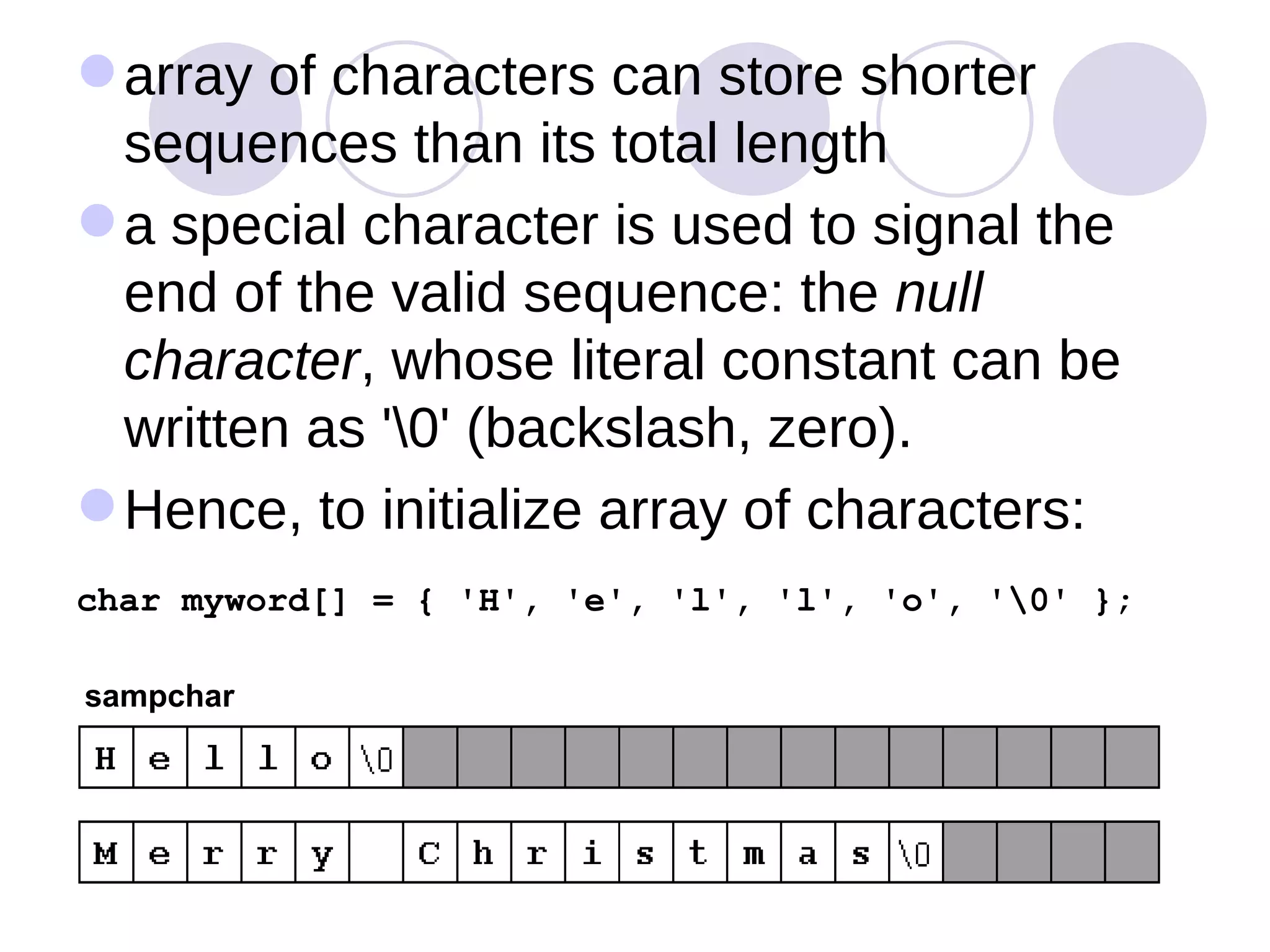 array of characters can store shorter sequences than its total length  a special character is used to signal the end of the valid sequence: the  null character , whose literal constant can be written as '\0' (backslash, zero).  Hence, to initialize array of characters: char myword[] = { 'H', 'e', 'l', 'l', 'o', '\0' };   sampchar 