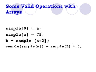 Some Valid Operations with Arrays sample[0] = a; sample[a] = 75; b = sample [a+2]; sample[sample[a]] = sample[2] + 5; 