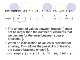 int sample [5] = { 16, 2, 77, 40, 12071 };   The amount of values between braces { } must not be larger than the number of elements that we declare for the array between square brackets [ ].  When an initialization of values is provided for an array, C++ allows the possibility of leaving the square brackets empty [ ].  int sample [] = { 16, 2, 77, 40, 12071 }; 16 40 77 2 12071 Sample 
