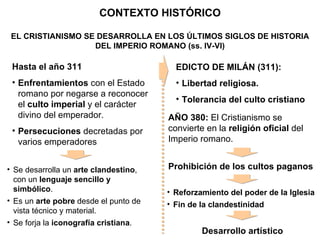 CONTEXTO HISTÓRICO EL CRISTIANISMO SE DESARROLLA EN LOS ÚLTIMOS SIGLOS DE HISTORIA DEL IMPERIO ROMANO (ss. IV-VI) Hasta el año 311 Enfrentamientos  con el Estado romano por negarse a reconocer el  culto imperial  y el carácter divino del emperador. Persecuciones  decretadas por varios emperadores Se desarrolla un  arte clandestino , con un  lenguaje sencillo y simbólico . Es un  arte pobre  desde el punto de vista técnico y material. Se forja la  iconografía cristiana . EDICTO DE MILÁN (311): Libertad religiosa. Tolerancia del culto cristiano AÑO 380:  El Cristianismo se convierte en la  religión oficial  del Imperio romano. Prohibición de los cultos paganos Reforzamiento del poder de la Iglesia Fin de la clandestinidad Desarrollo artístico 
