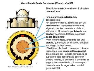 Mausoleo de Santa Constanza (Roma), año 350 El edificio se  estructuraba en 3 círculos   concéntricos : una  columnata exterior , hoy desaparecida; un segundo círculo, delimitado por un  macizo muro  cuyo paramento se ve aligerado por los numerosos  nichos  abiertos en él, cubierto por  bóveda de cañón  y separado del tercero por una  doble columnata ; y un tercer círculo, presidido por una  cúpula , que acogía en el centro el lujoso sarcófago de la princesa. El edificio, planteado como una  rotonda , responde a una  concepción espacial  diferente a la del Panteón romano. Si la cúpula de éste descansaba sobre un cilindro macizo, la de Santa Constanza se erige sobre un anillo de columnas que parece buscar la  ingravidez , tan del gusto oriental.  