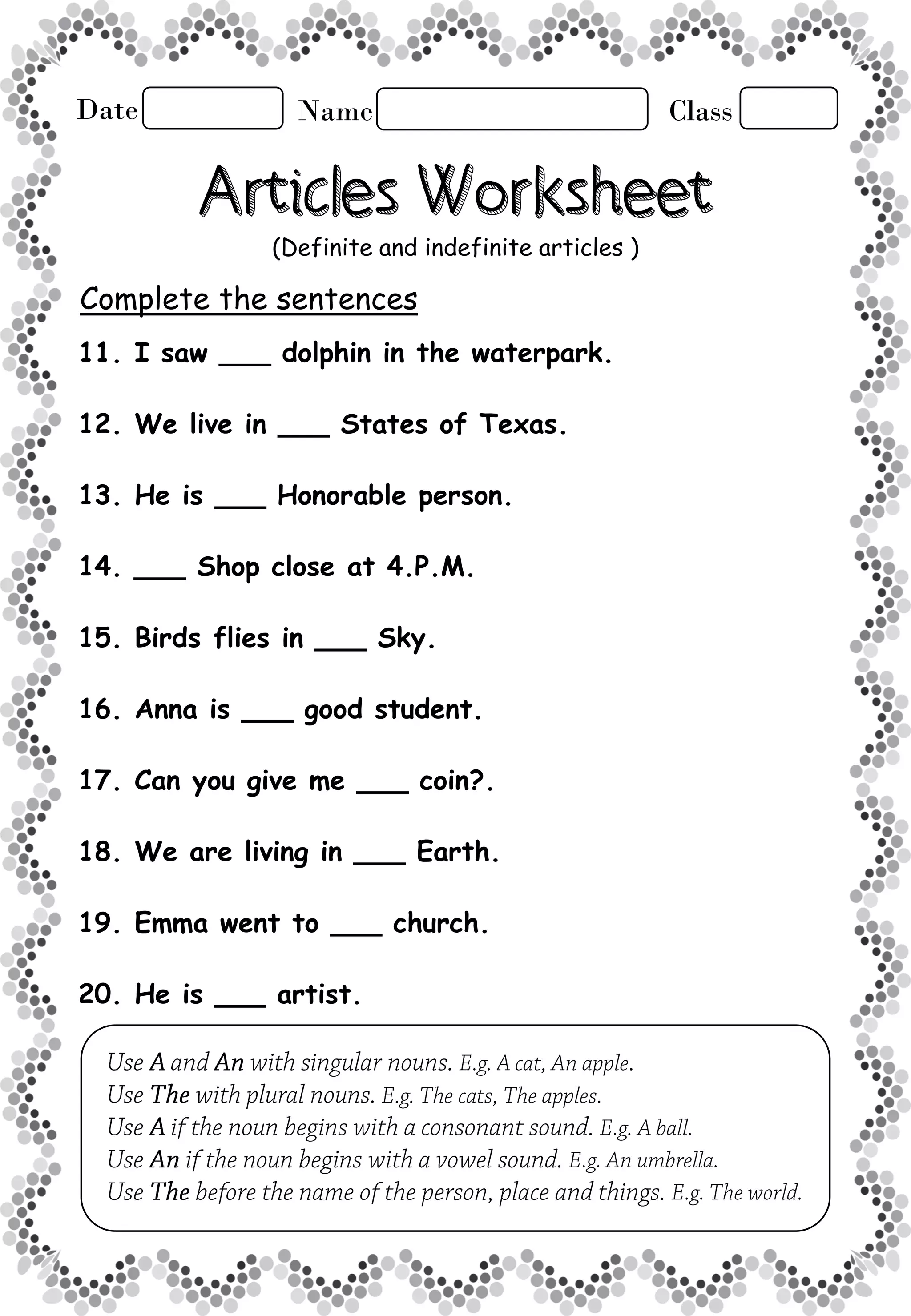 Articles Worksheet