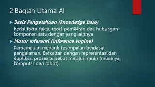 2 Bagian Utama AI
 Basis Pengetahuan (knowledge base)
berisi fakta-fakta, teori, pemikiran dan hubungan
komponen satu dengan yang lainnya
 Motor Inferensi (inference engine)
Kemampuan menarik kesimpulan berdasar
pengalaman. Berkaitan dengan representasi dan
duplikasi proses tersebut melalui mesin (misalnya,
komputer dan robot).
 