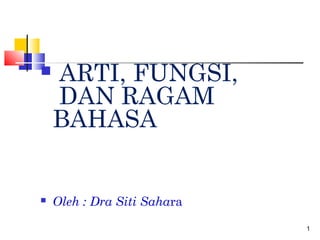   ARTI, FUNGSI,
    DAN RAGAM
    BAHASA


   Oleh : Dra Siti Sahara

                             1
 
