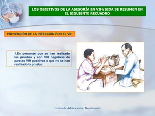 LOS OBJETIVOS DE LA ASESORÍA EN VIH/SIDA SE RESUMEN EN EL SIGUIENTE RECUADRO PREVENCIÓN DE LA INFECCIÓN POR EL VIH 1.En personas que se han realizado las pruebas y son VIH negativas de parejas VIH positivas o que no se han realizado la prueba. 