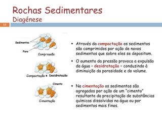 Rochas Sedimentares
Diagénese
13
 Através da compactação os sedimentos
são comprimidos por ação de novos
sedimentos que sobre eles se depositam.
 O aumento da pressão provoca a expulsão
da água – desidratação – conduzindo à
diminuição da porosidade e do volume.
 Na cimentação os sedimentos são
agregados por ação de um “cimento”
resultante da precipitação de substâncias
químicas dissolvidas na água ou por
sedimentos mais finos.
 