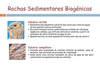 Rochas Sedimentares Biogénicas
22
Calcário recifal
 Resultante dos esqueletos calcários dos corais que vivem em águas
do mar quentes e pouco profundas.
 Os corais formam recifes constituídos por milhões de indivíduos
ligados em colónias, que edificam estruturas calcárias, a partir do
carbonato de cálcio dissolvido na água do mar.
 Quando morrem, os seus esqueletos formam este tipo de calcário.
Calcário conquífero
 Formado pela acumulação de conchas calcárias de animais, como os
moluscos, que sofreram um processo de cimentação.
 Estes seres vivos retiram carbonato de cálcio da água do mar para
construírem os esqueletos (como as conchas).
 