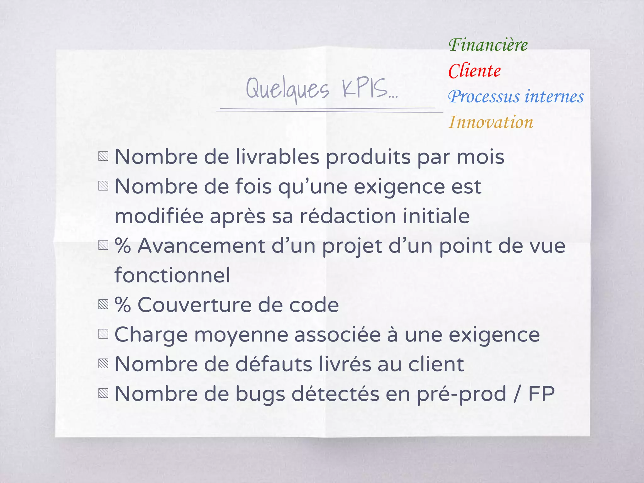 ▧ Nombre de livrables produits par mois
▧ Nombre de fois qu’une exigence est
modifiée après sa rédaction initiale
▧ % Avancement d’un projet d’un point de vue
fonctionnel
▧ % Couverture de code
▧ Charge moyenne associée à une exigence
▧ Nombre de défauts livrés au client
▧ Nombre de bugs détectés en pré-prod / FP
Quelques KPIS...
Financière
Cliente
Processus internes
Innovation
 