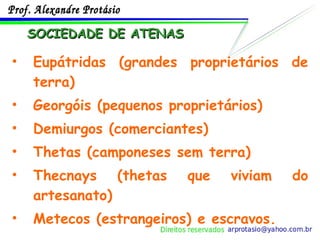 Eupátridas (grandes proprietários de terra) Georgóis (pequenos proprietários) Demiurgos (comerciantes) Thetas (camponeses sem terra) Thecnays (thetas que viviam do artesanato) Metecos (estrangeiros) e escravos. SOCIEDADE DE ATENAS 