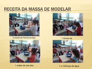 RECEITA DA MASSA DE MODELAR
4 xícaras de Farinha de trigo 1 Xícara de
sal
1 colher de chá óleo 1 e 1/2Xícara de água
 