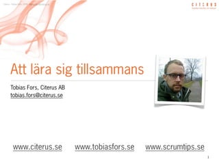 Citerus - Tobias Fors, 2009 - tobias.fors@citerus.se




        Att lära sig tillsammans
        Tobias Fors, Citerus AB
        tobias.fors@citerus.se




           www.citerus.se                              www.tobiasfors.se   www.scrumtips.se
                                                                                              1
 