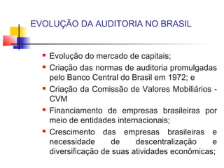 EVOLUÇÃO DA AUDITORIA NO BRASIL
 Evolução do mercado de capitais;
 Criação das normas de auditoria promulgadas
pelo Banco Central do Brasil em 1972; e
 Criação da Comissão de Valores Mobiliários -
CVM
 Financiamento de empresas brasileiras por
meio de entidades internacionais;
 Crescimento das empresas brasileiras e
necessidade de descentralização e
diversificação de suas atividades econômicas;
 