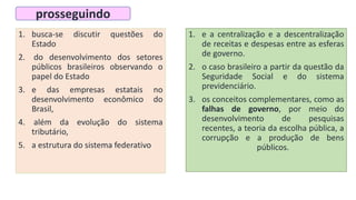 1. busca-se discutir questões do
Estado
2. do desenvolvimento dos setores
públicos brasileiros observando o
papel do Estado
3. e das empresas estatais no
desenvolvimento econômico do
Brasil,
4. além da evolução do sistema
tributário,
5. a estrutura do sistema federativo
prosseguindo
1. e a centralização e a descentralização
de receitas e despesas entre as esferas
de governo.
2. o caso brasileiro a partir da questão da
Seguridade Social e do sistema
previdenciário.
3. os conceitos complementares, como as
falhas de governo, por meio do
desenvolvimento de pesquisas
recentes, a teoria da escolha pública, a
corrupção e a produção de bens
públicos.
 