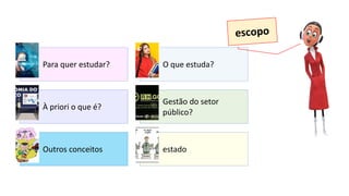 Para quer estudar? O que estuda?
À priori o que é?
Gestão do setor
público?
Outros conceitos estado
 