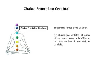 Chakra Frontal ou Cerebral
Situado na fronte entre os olhos.
É o chakra dos sentidos, atuando
diretamente sobre a hipófise e
também, na área do raciocínio e
da visão.
Chakra Frontal ou Cerebral
 