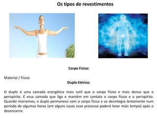 Corpo Físico:
Material / Físico
Duplo Etérico:
O duplo é uma camada energética mais sutil que o corpo físico e mais denso que o
perispírito. É essa camada que liga e mantém em contato o corpo físico e o perispírito.
Quando morremos, o duplo permanece com o corpo físico e se desintegra lentamente num
período de algumas horas (em alguns casos esse processo poderá levar mais tempo) após o
desencarne.
Os tipos de revestimentos
 