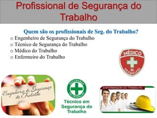 Profissional de Segurança do
Trabalho
Quem são os profissionais de Seg. do Trabalho?
o Engenheiro de Segurança do Trabalho
o Técnico de Segurança do Trabalho
o Médico do Trabalho
o Enfermeiro do Trabalho
 