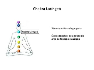 Chakra Laríngeo
Situa-se à altura da garganta.
É o responsável pela saúde da
área de fonação e audição
Chakra Laríngeo
 