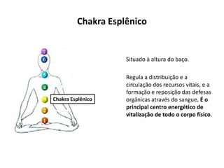 Chakra Esplênico
Situado à altura do baço.
Regula a distribuição e a
circulação dos recursos vitais, e a
formação e reposição das defesas
orgânicas através do sangue. É o
principal centro energético de
vitalização de todo o corpo físico.
Chakra Esplênico
 
