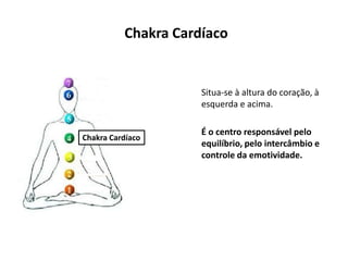 Chakra Cardíaco
Situa-se à altura do coração, à
esquerda e acima.
É o centro responsável pelo
equilíbrio, pelo intercâmbio e
controle da emotividade.
Chakra Cardíaco
 