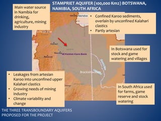 STAMPRIET AQUIFER (100,000 Km2) BOTSWANA, 
NAMIBIA, SOUTH AFRICA 
THE THREE TRANSBOUNDARY AQUIFERS 
PROPOSED FOR THE PROJE...