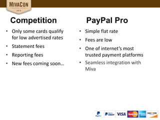 Competition PayPal Pro
• Only some cards qualify
for low advertised rates
• Statement fees
• Reporting fees
• New fees coming soon…
• Simple flat rate
• Fees are low
• One of internet’s most
trusted payment platforms
• Seamless integration with
Miva
 